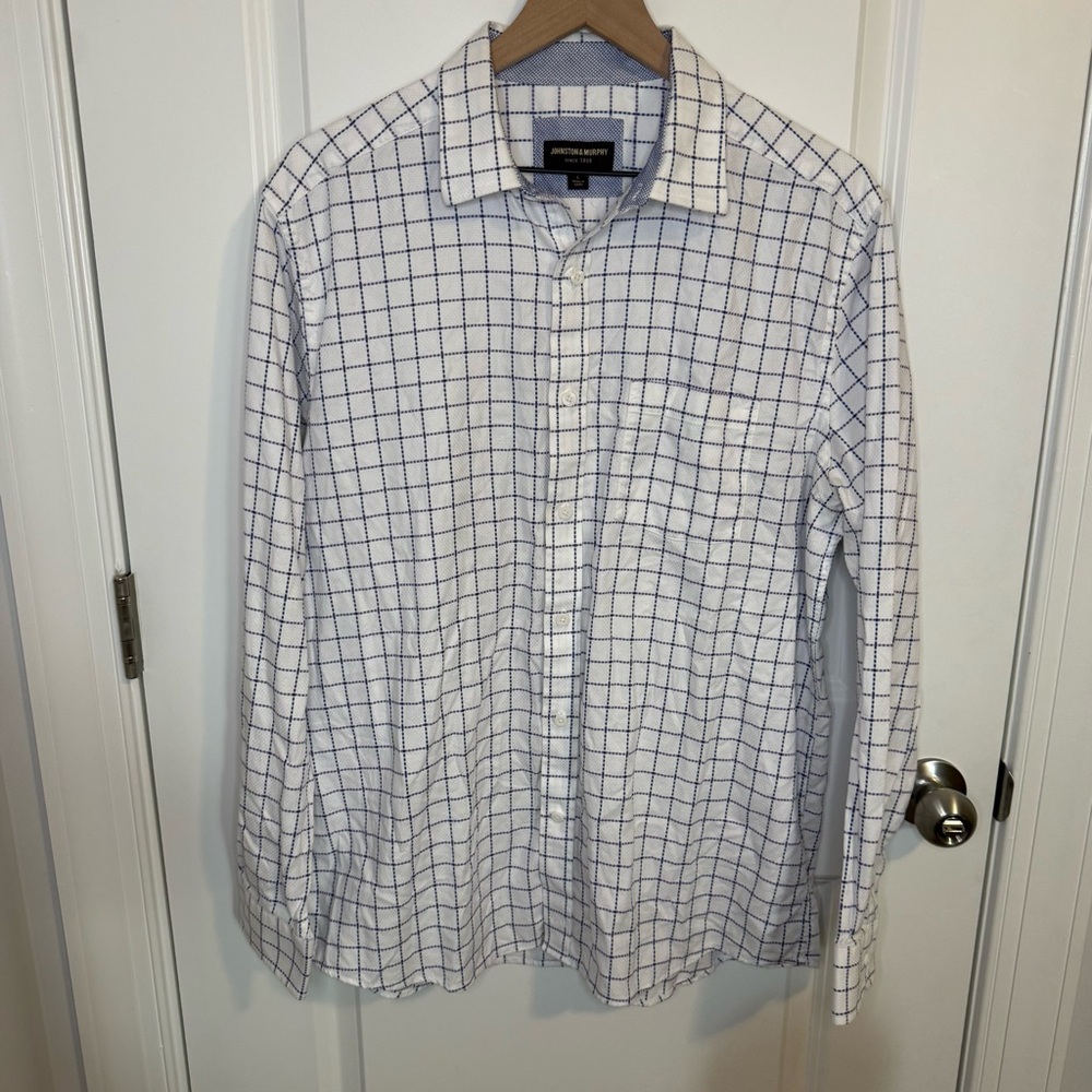 Johnston & Murphy Mens Large‎ White Purple Blue Button Up Long Sleeve Shirt